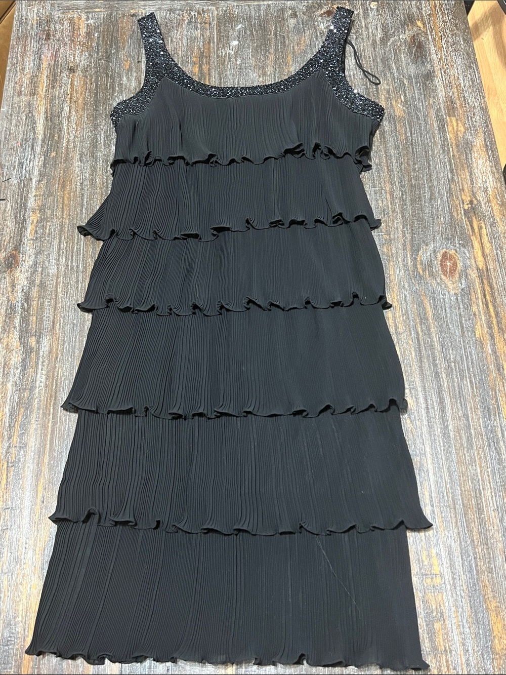 Vintage Patra Black Tiered Pleated Ruffle Dress with Sequin Straps
